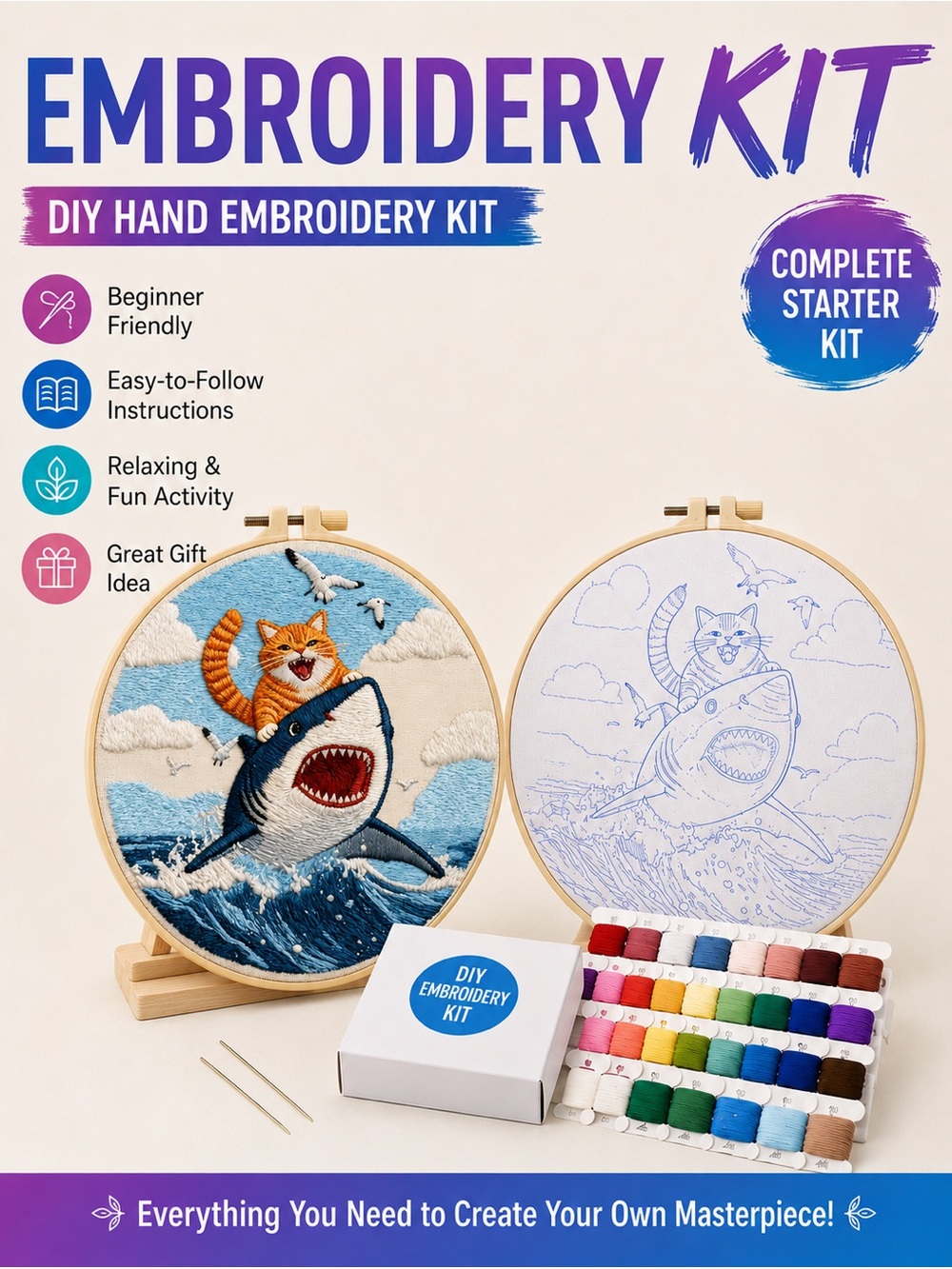 DIY Cat Riding Shark Embroidery Kit 15cm Hoop Beginner Needlework Set